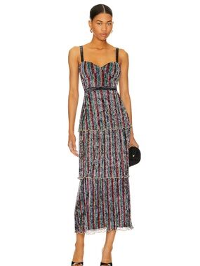 SAYLOR Aviva Striped Rainbow Midi Dress - Black with Multicolor Stripes